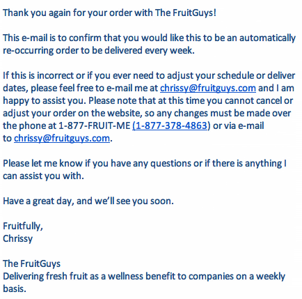 The FruitGuys Recurring Order Confirmation